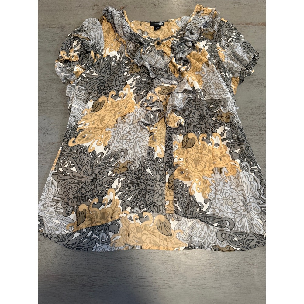 East 5th Petite Floral Ruffle Neck Blouse Grey Tan Short Sleeve PL